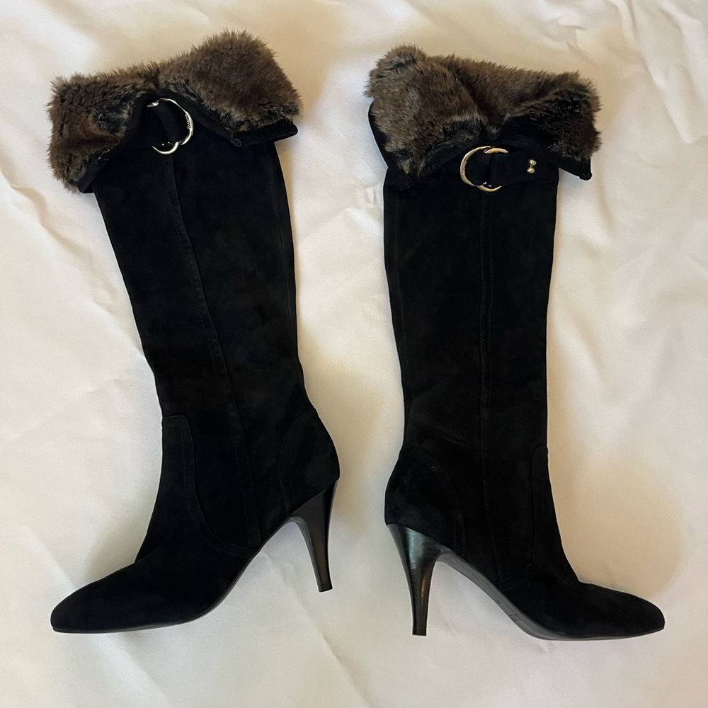 Guess Black suede over the knee fur line cuff boots